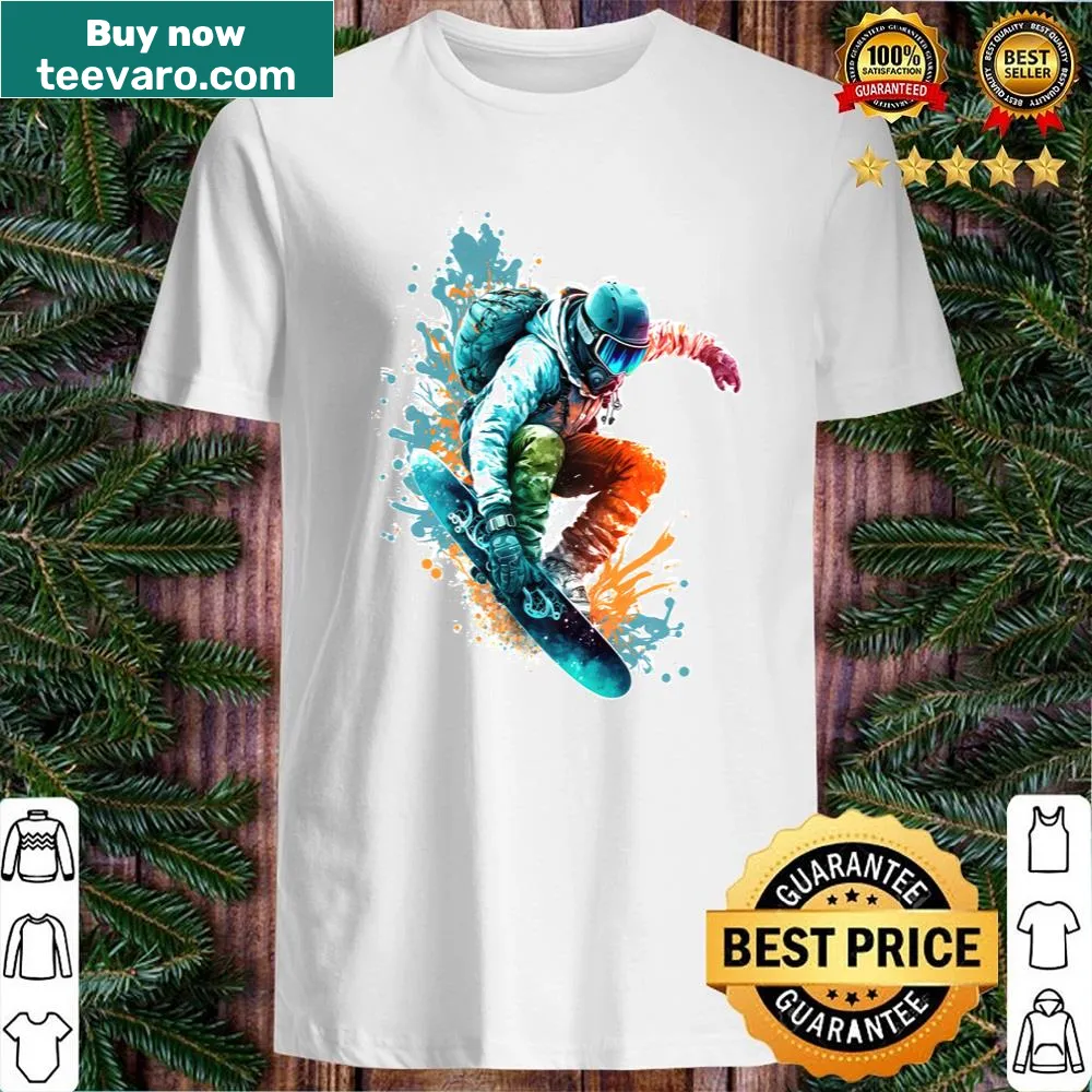Dynamic illustration of snowboarding on a playful shirt design
