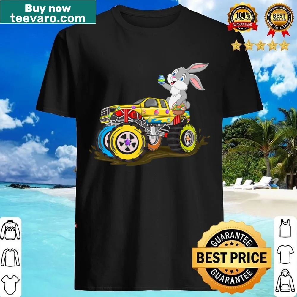 Illustration of a dabbing bunny with monster truck graphics for kids