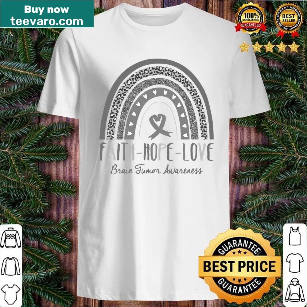 Leopard print shirt with 'Faith', 'Hope', 'Love' in artistic lettering for brain tumor awareness