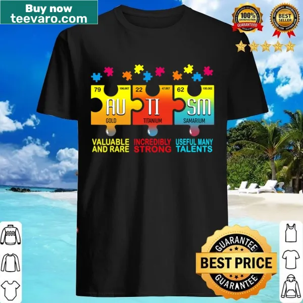 Mom's shirt showcasing autism advocacy with puzzle and chemical elements