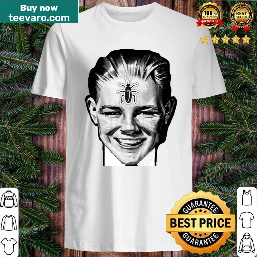 Illustrated shirt featuring a cockroach on a smiling boy's face.