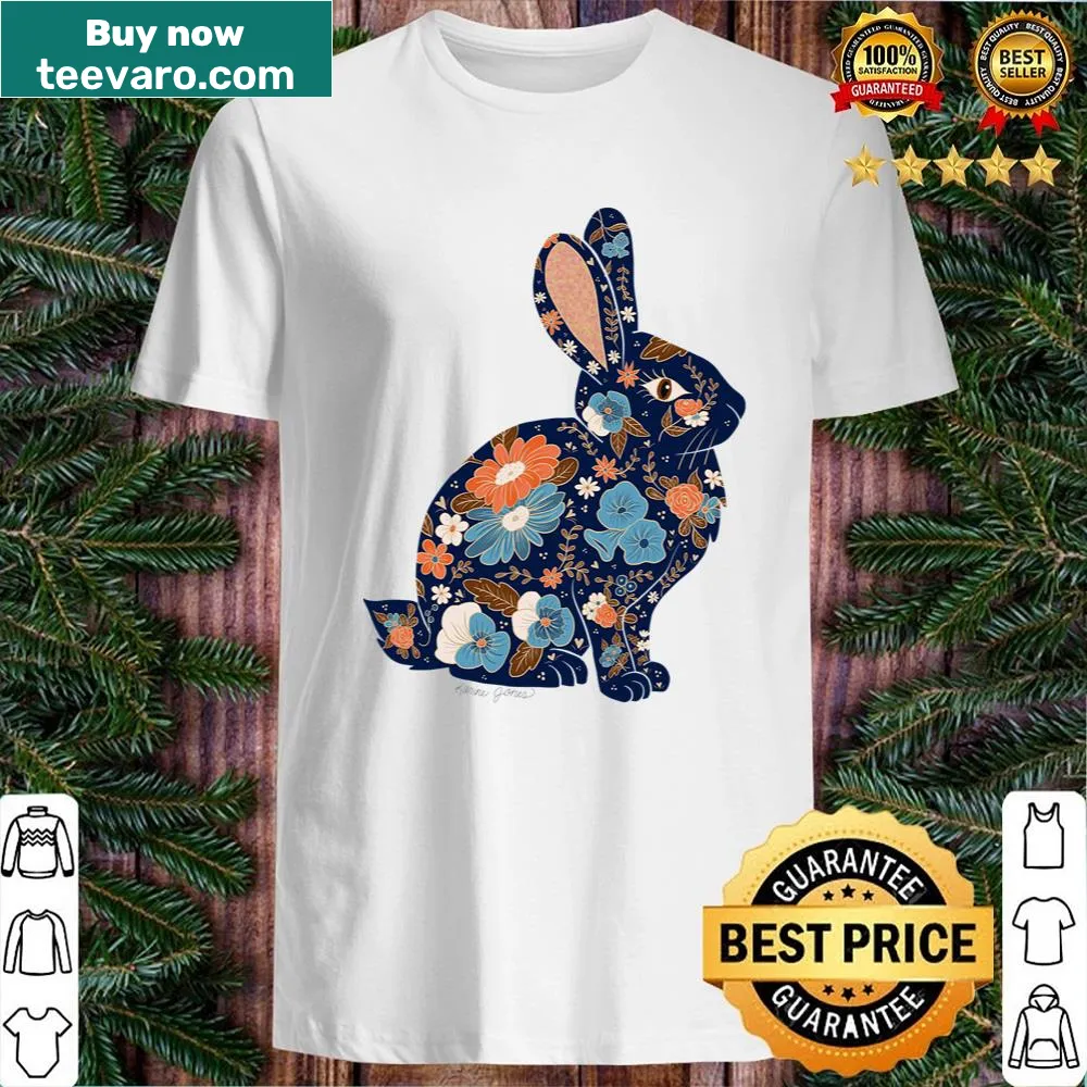 Navy blue shirt with floral bunny silhouette design.