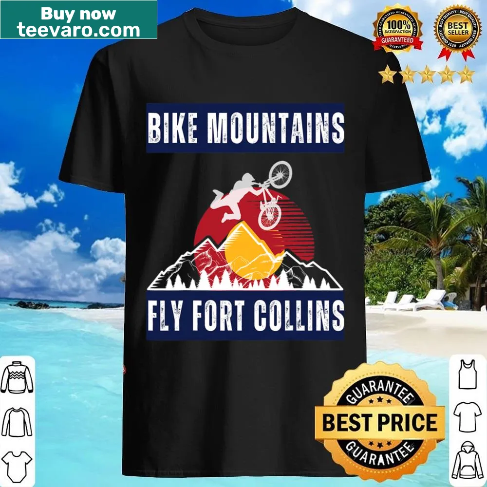 Biker-themed shirt featuring bikes and mountains in a stylized design