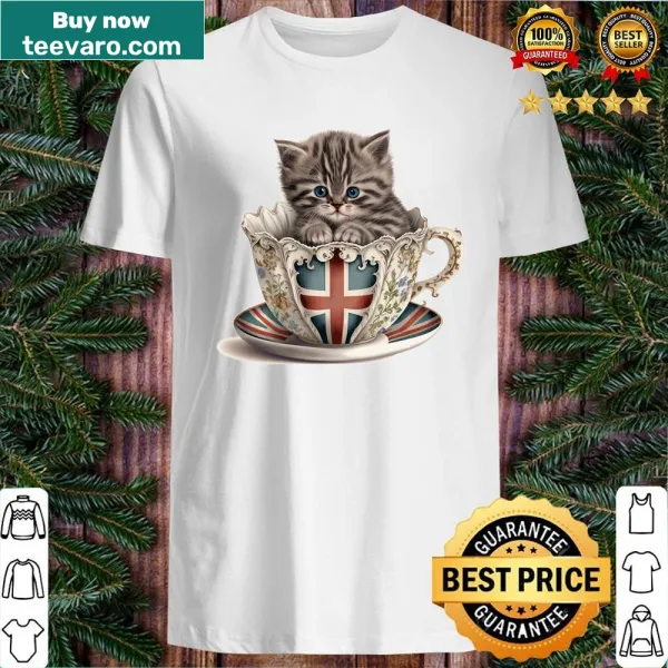 Illustration of a kitten in an English tea cup on a shirt