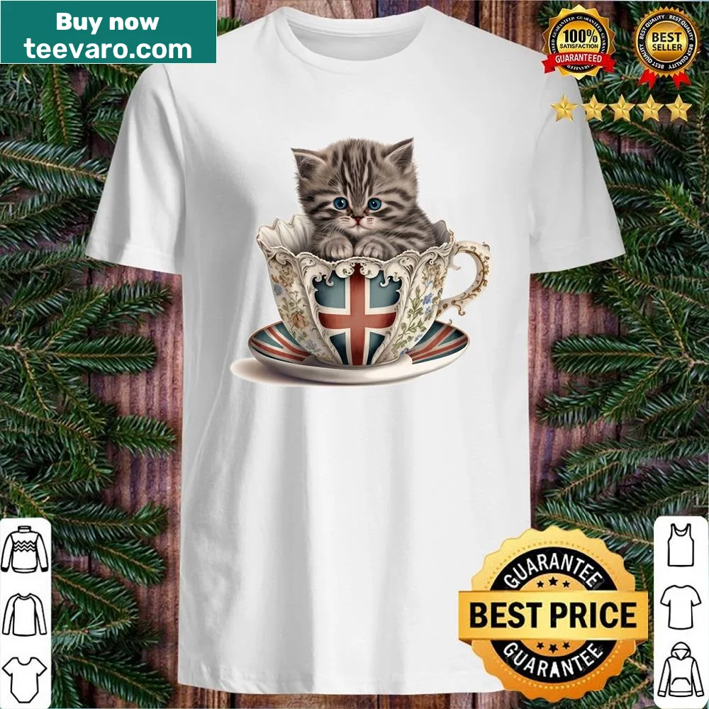 Illustration of a kitten in an English tea cup on a shirt