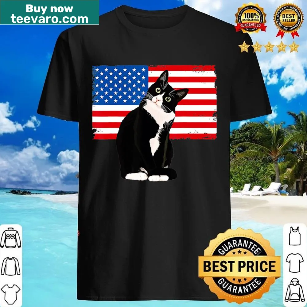 Patriotic shirt featuring a tuxedo cat for July 4th