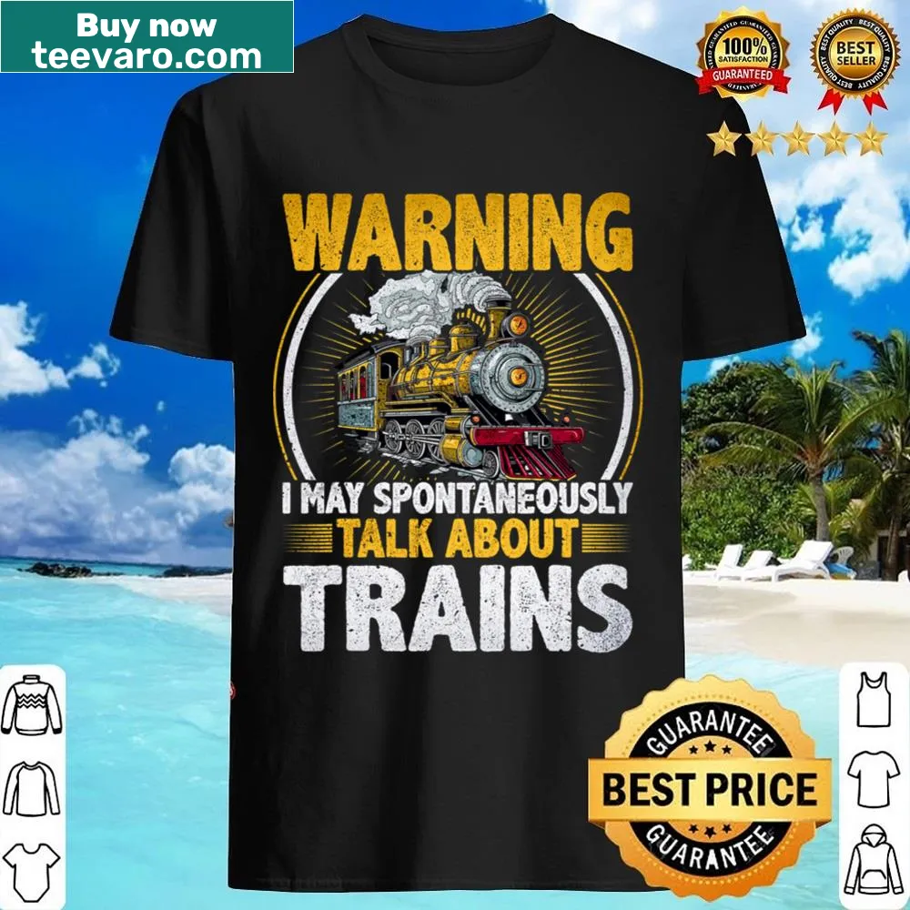 Playful shirt with a warning graphic about talking trains