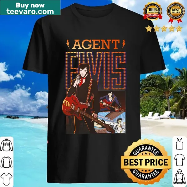 Cartoon-style Agent Elvis shirt depicting the music legend in a dynamic pose.