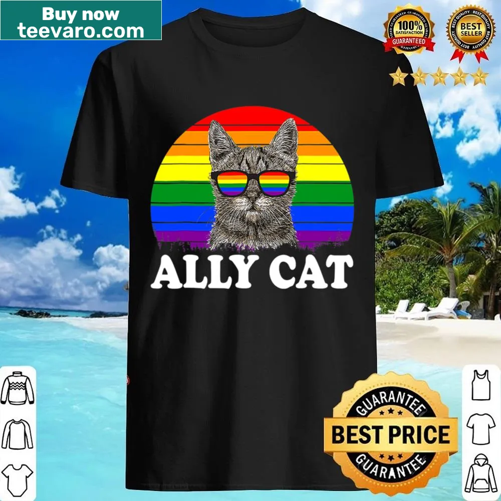 T-shirt with rainbow sunglasses design and text 'Ally Cat' for LGBTQ+ pride