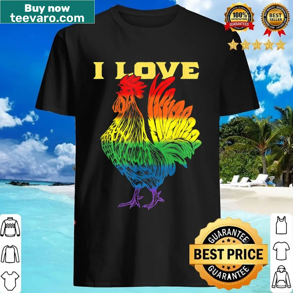 Playful rooster and rainbow flag graphic T-shirt celebrating pride