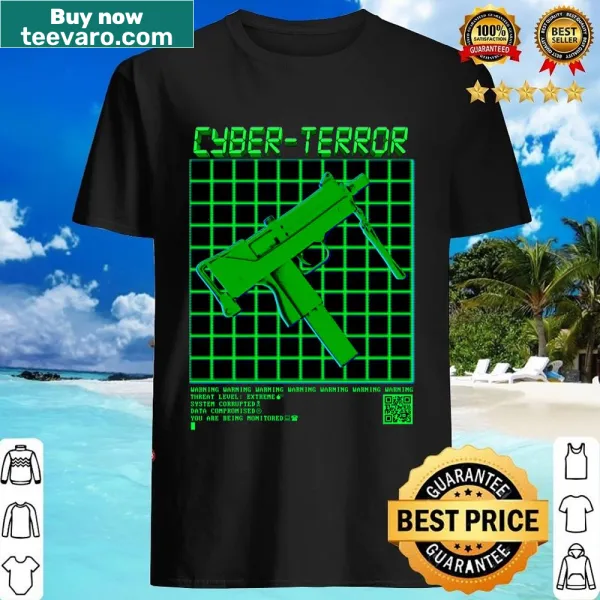 Edgy typography graphic T-shirt about cyber-terrorism and technology