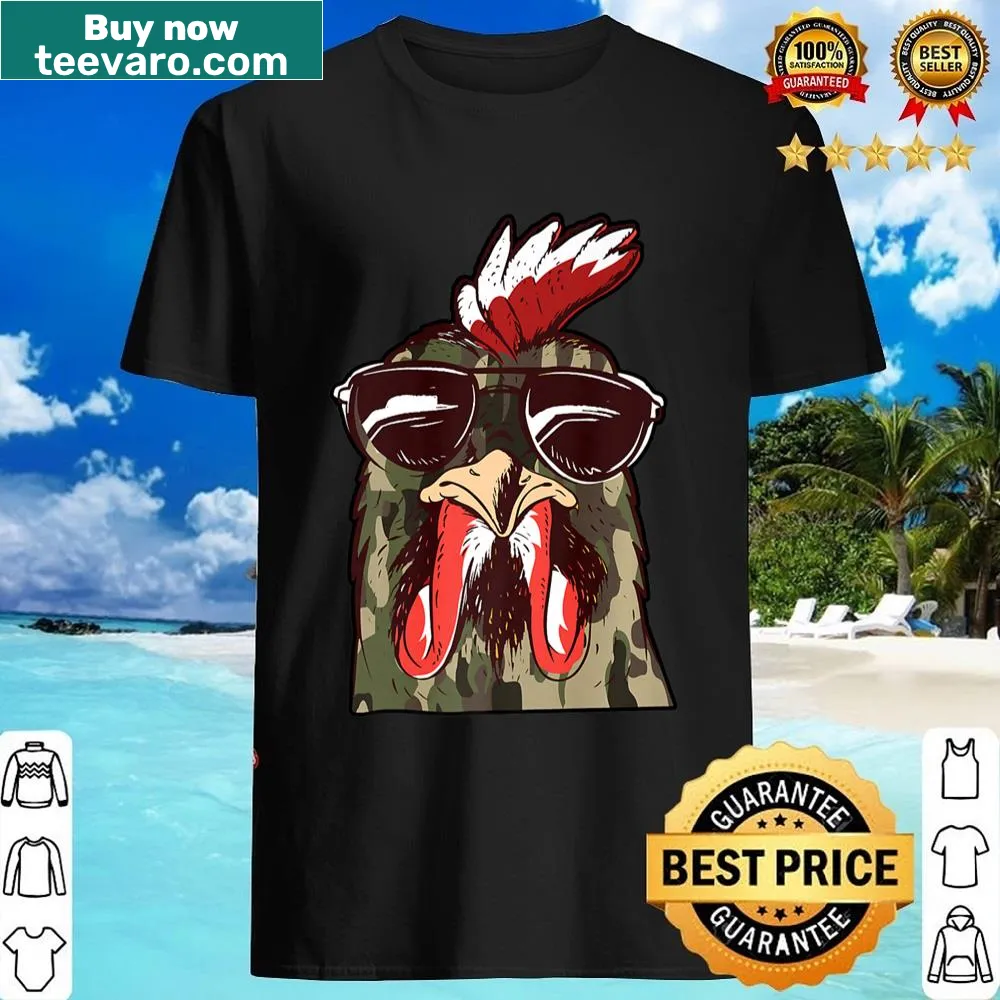 Camo military shirt with a playful chicken design for farmers