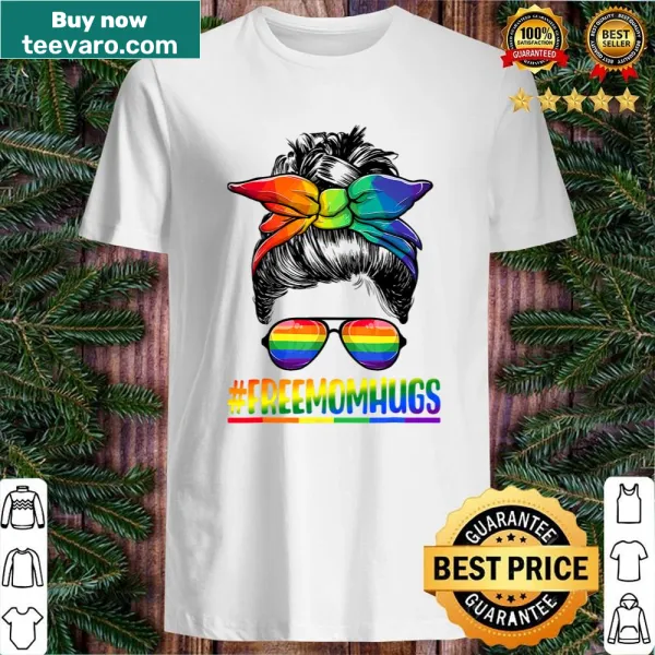 Playful LGBTQ pride shirt with messy bun and mom hug message