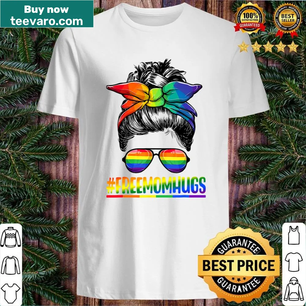 Playful LGBTQ pride shirt with messy bun and mom hug message
