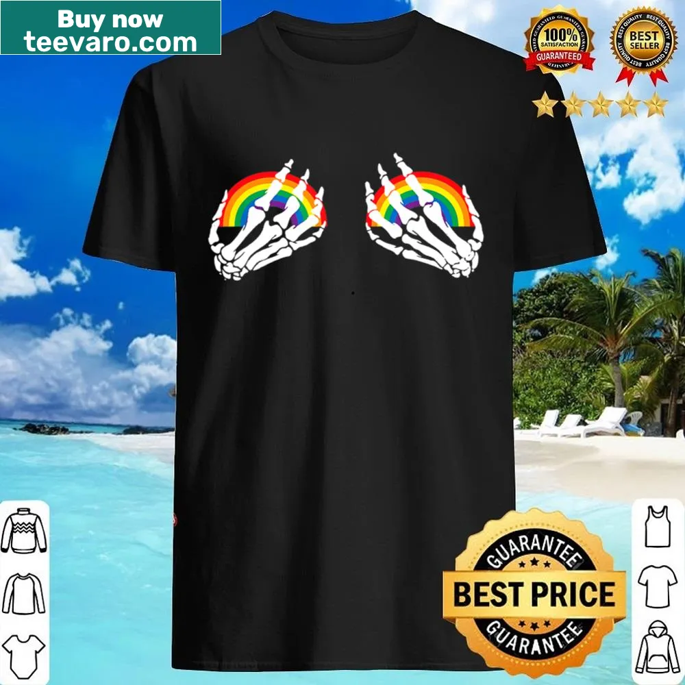 Humorous LGBTQ+ pride shirt with skeleton hand and playful graphics.