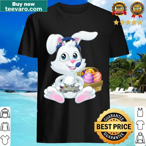 Cartoon Easter Bunny with a video game controller graphic