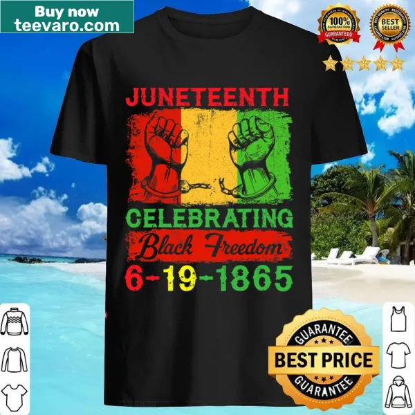 Juneteenth celebration shirt featuring the year 1865 and a message of freedom.