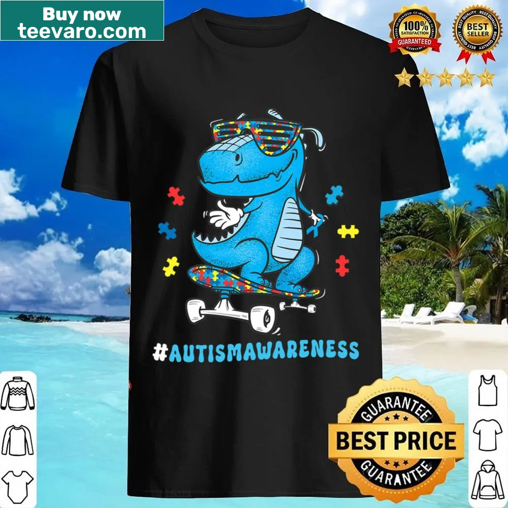 Kids shirt featuring a dinosaur skateboarding for kindness