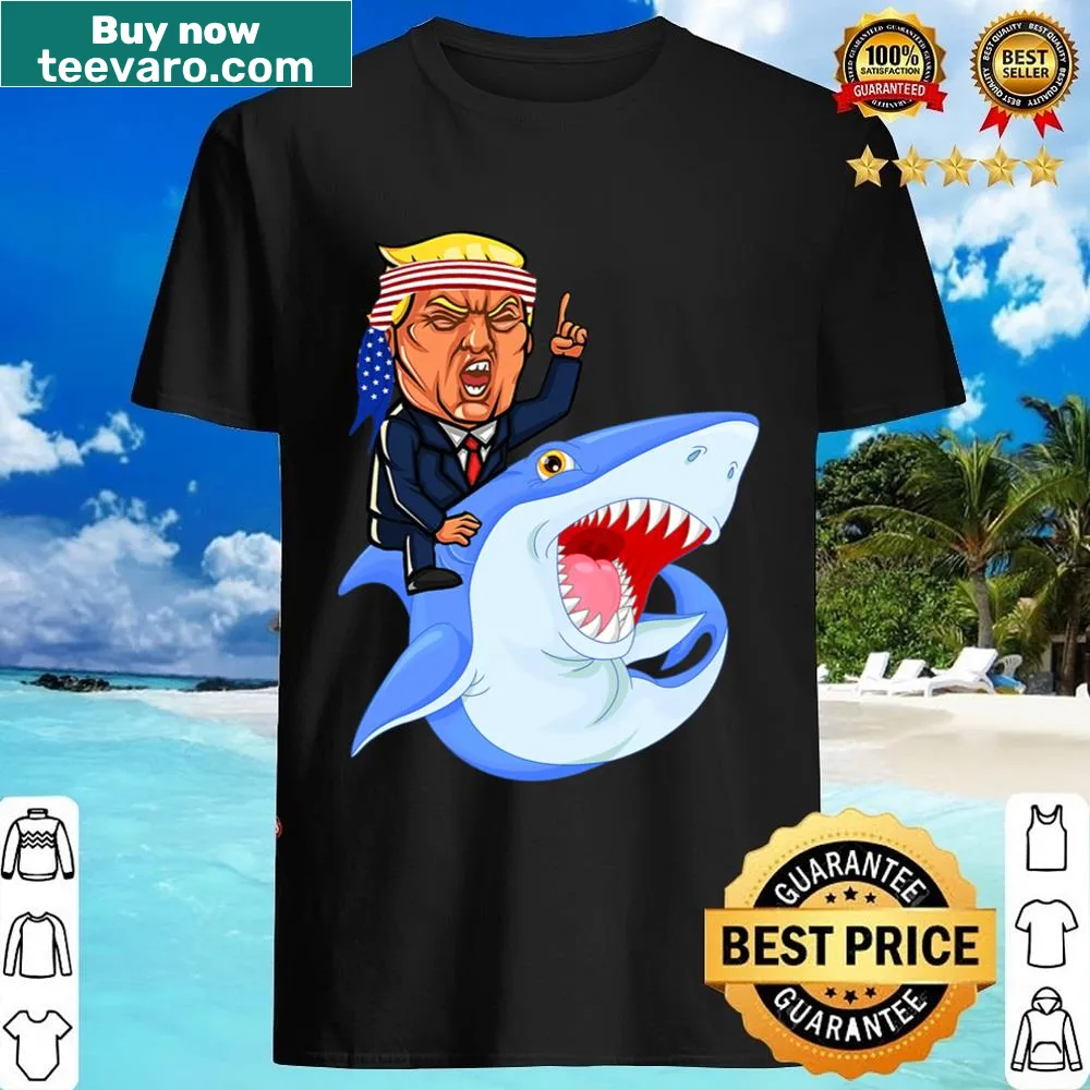 Graphic of Trump riding a shark on a humorous t-shirt
