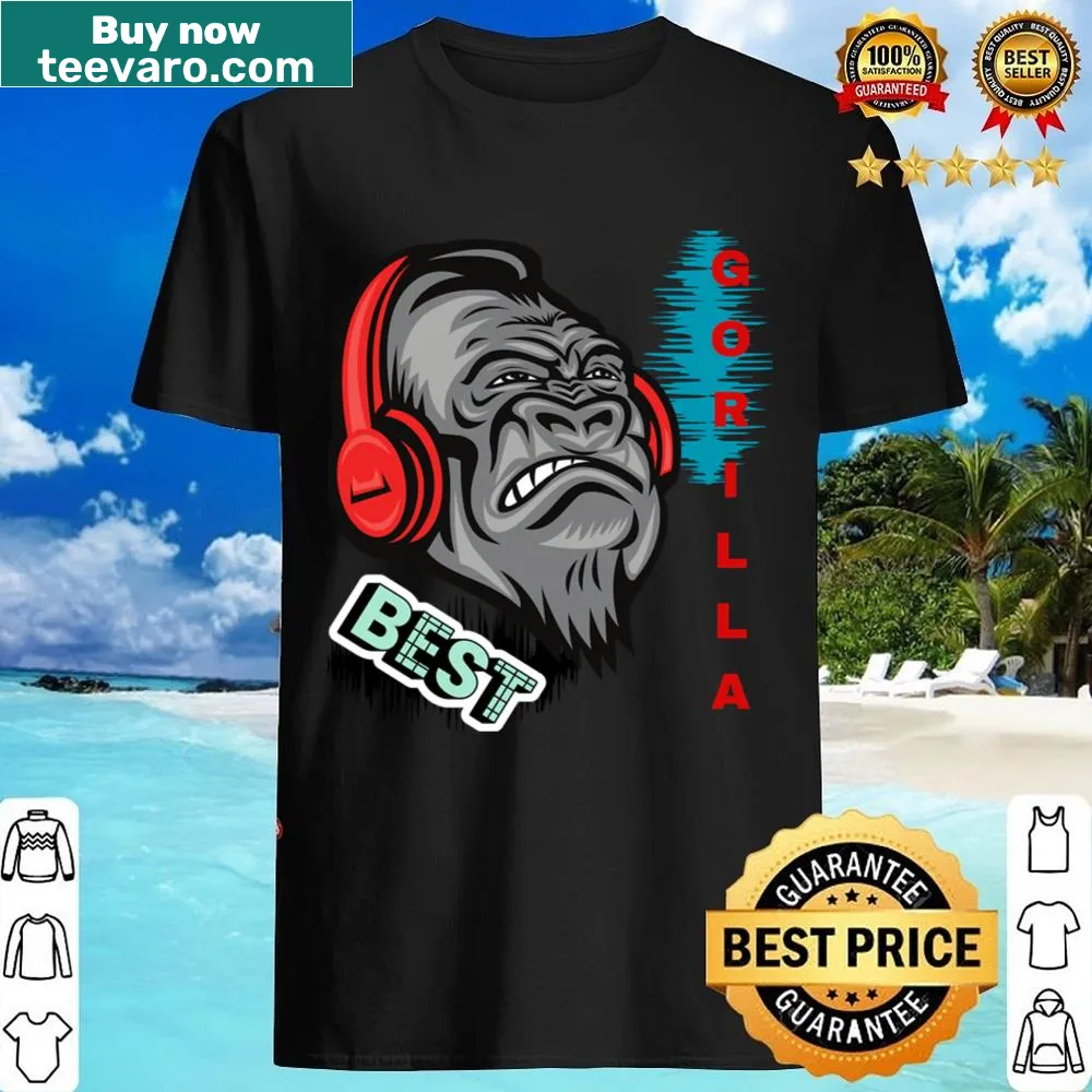 Illustrated gorilla wearing headphones and listening to music