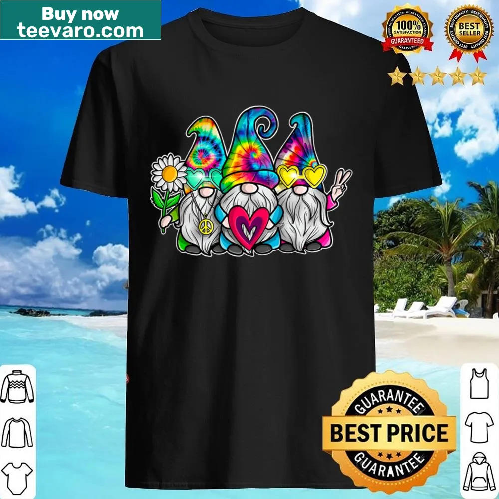 Cartoon shirt featuring three hippie gnomes with peace symbols