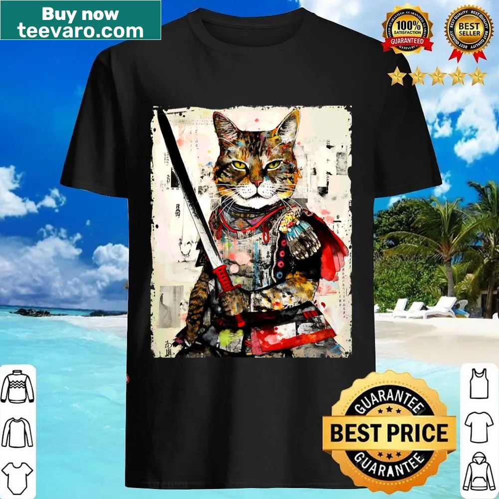 Graphic shirt of a samurai cat in ninja attire, showcasing urban art