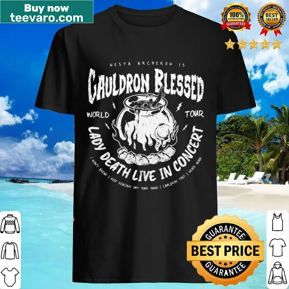Illustrated shirt featuring Nesta Archeron and a cauldron design