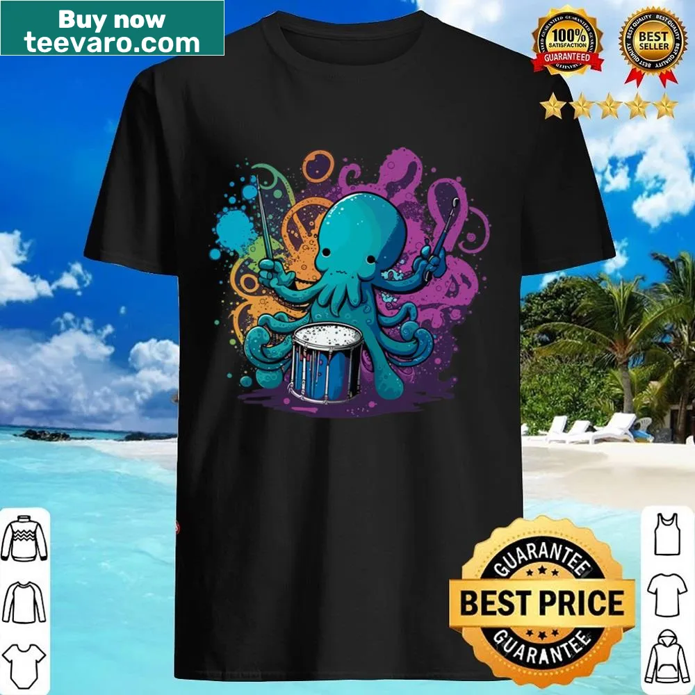 Cartoon octopus playing drums on a kids' shirt