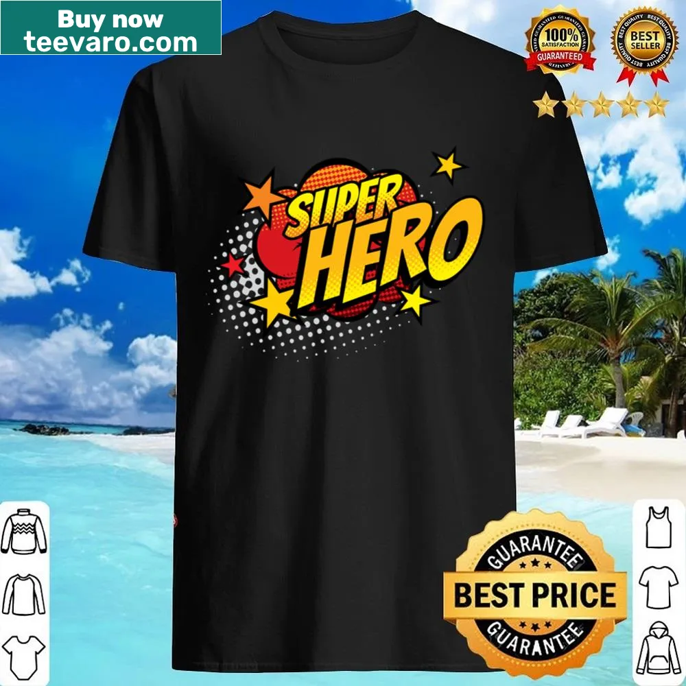 Illustrative superhero symbol graphic on Boom Bang t-shirt