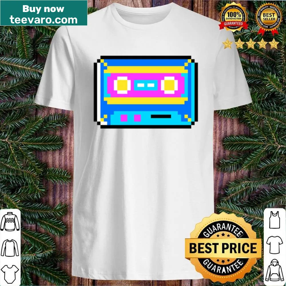 Retro pixelated cassette graphic on a gaming shirt