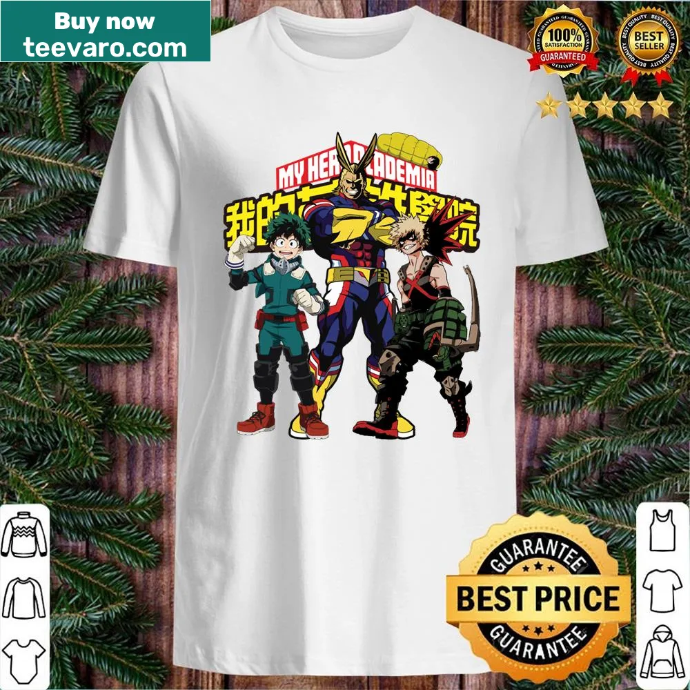 Shirt featuring Deku, All Might, and Bakugo in playful poses