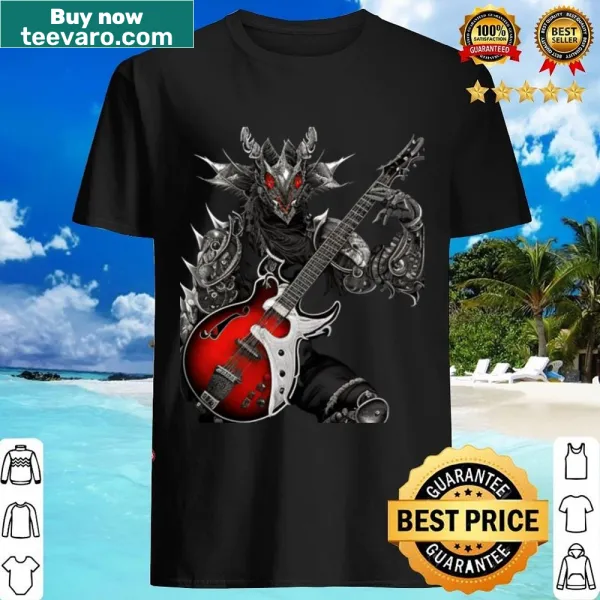 Illustration of a dragon playing guitar on a shirt