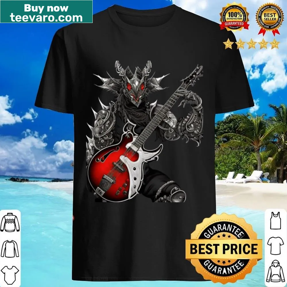 Illustration of a dragon playing guitar on a shirt