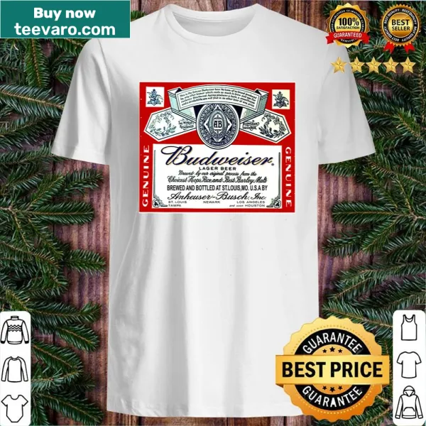 Badge-style lager beer label graphic on a t-shirt
