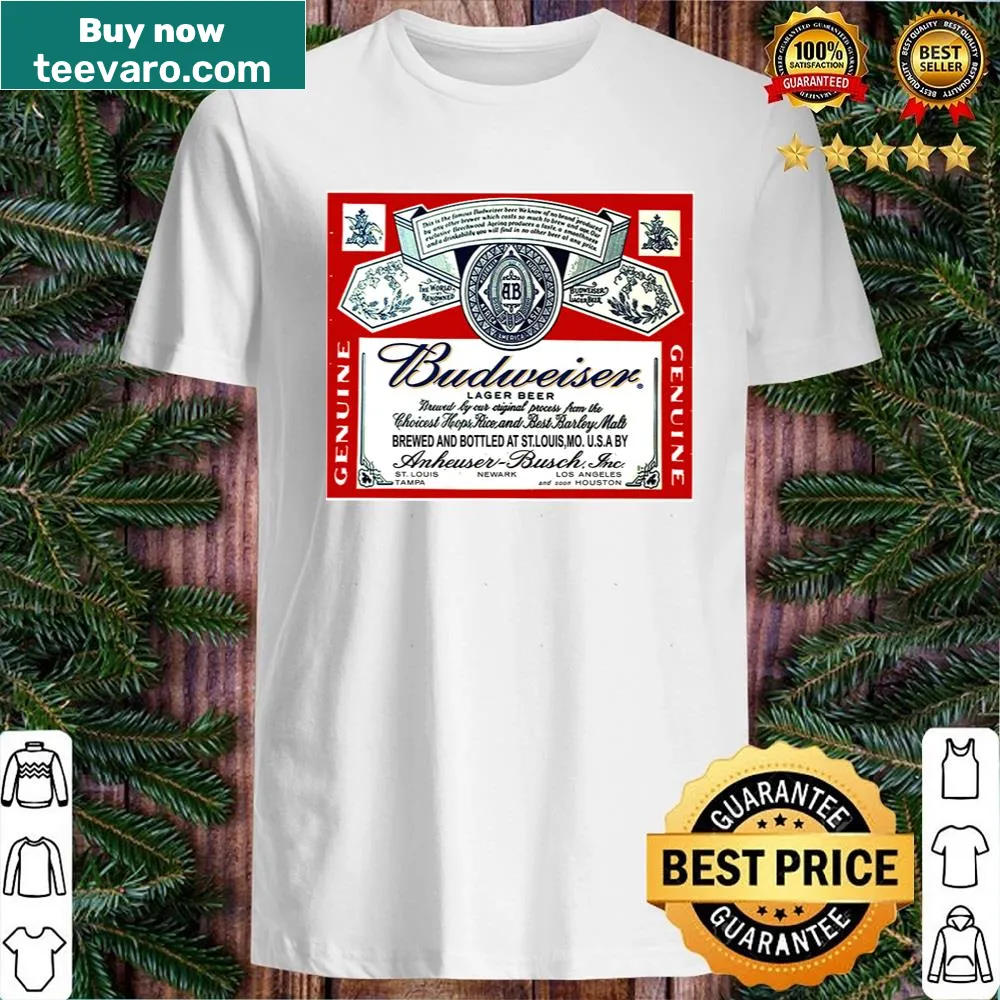 Badge-style lager beer label graphic on a t-shirt