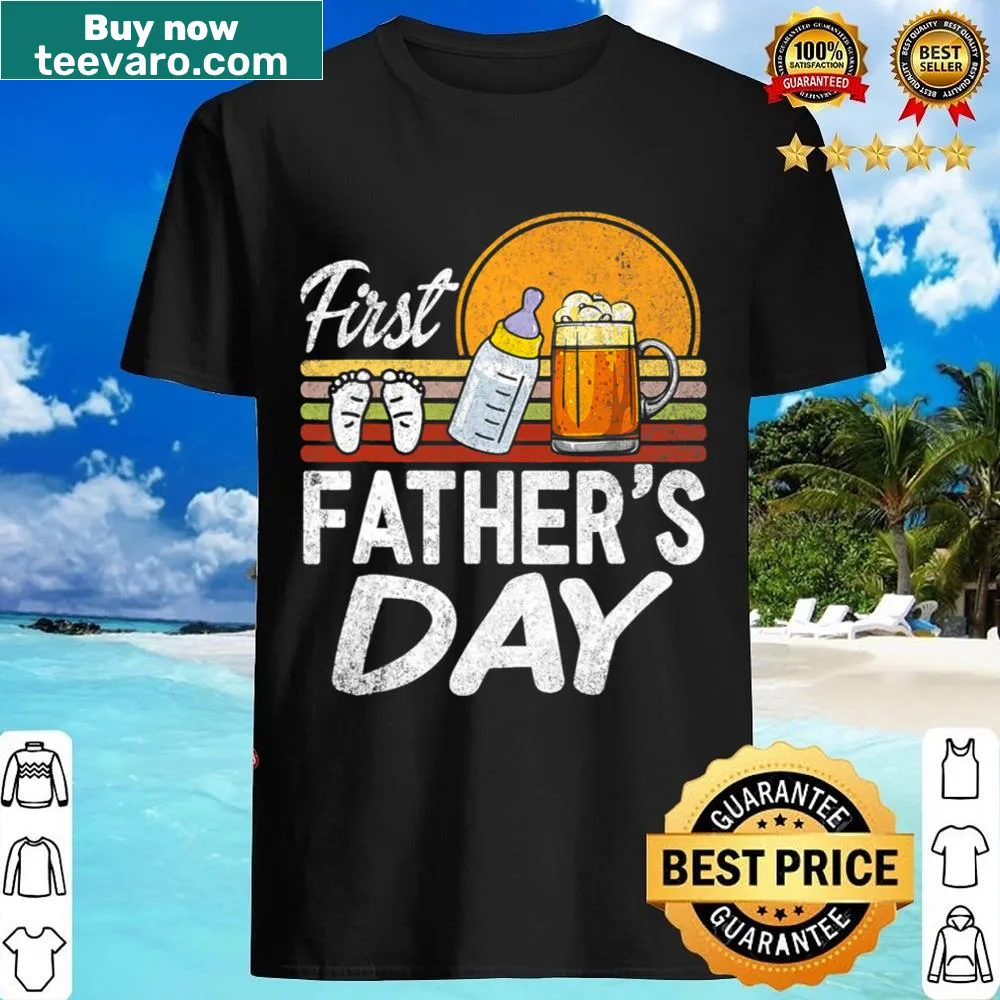 Cute shirt celebrating a dad's first Father's Day with playful beer and baby bottle design