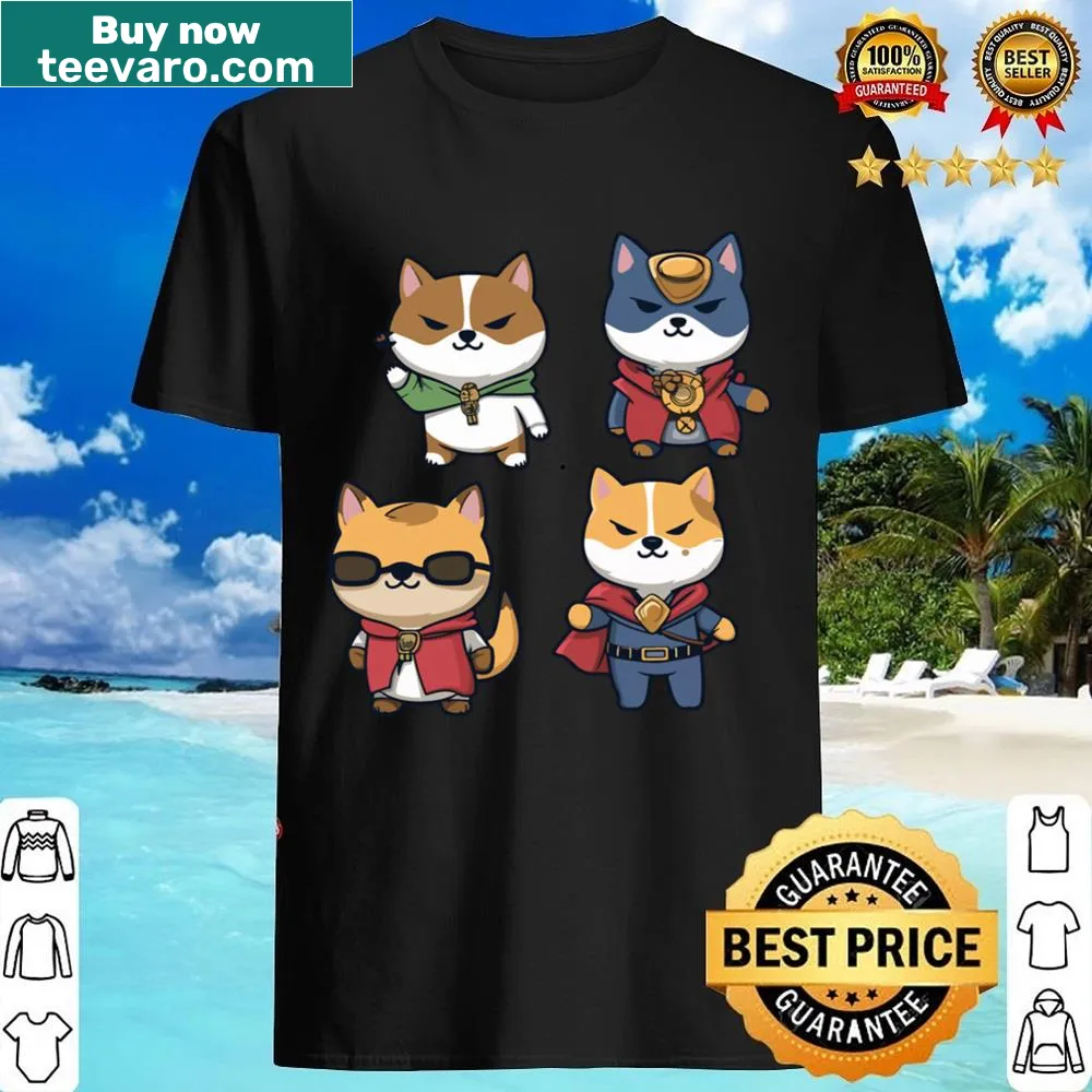 Cartoon graphic shirt featuring Shiba Inu superheroes