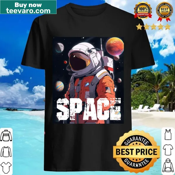 Anime-style astronaut surrounded by planets and stars on a casual shirt