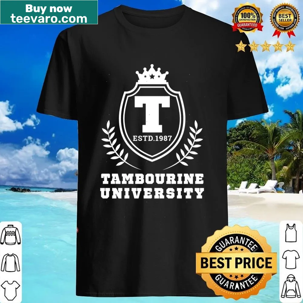 Shirt featuring the playful text 'Tambourine University' in fun graphics