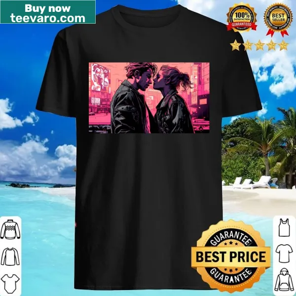 Comic-style 90s rocker couple shirt featuring a passionate kiss