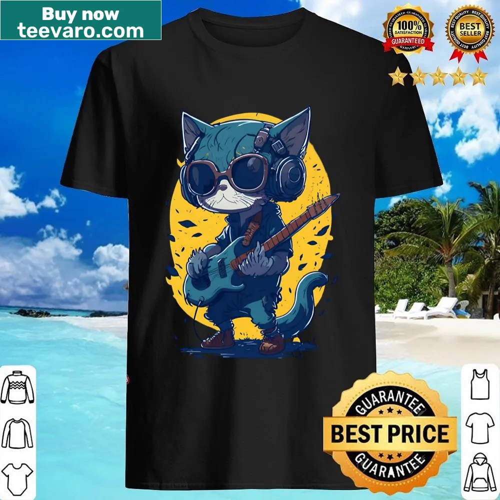 Cartoon cat playing electric guitar with sunglasses on shirt