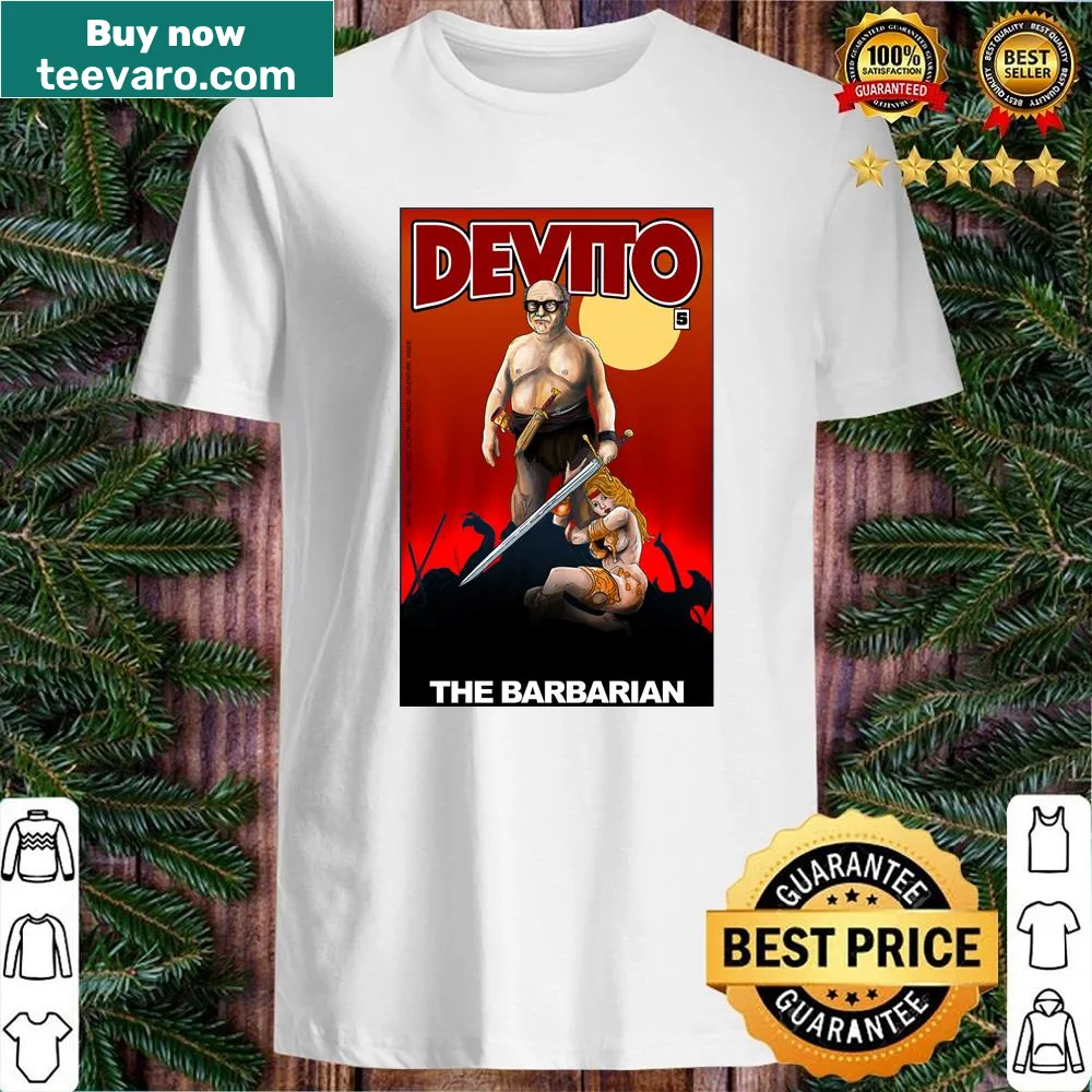 Cartoon mashup shirt of Danny Devito as Conan the Barbarian