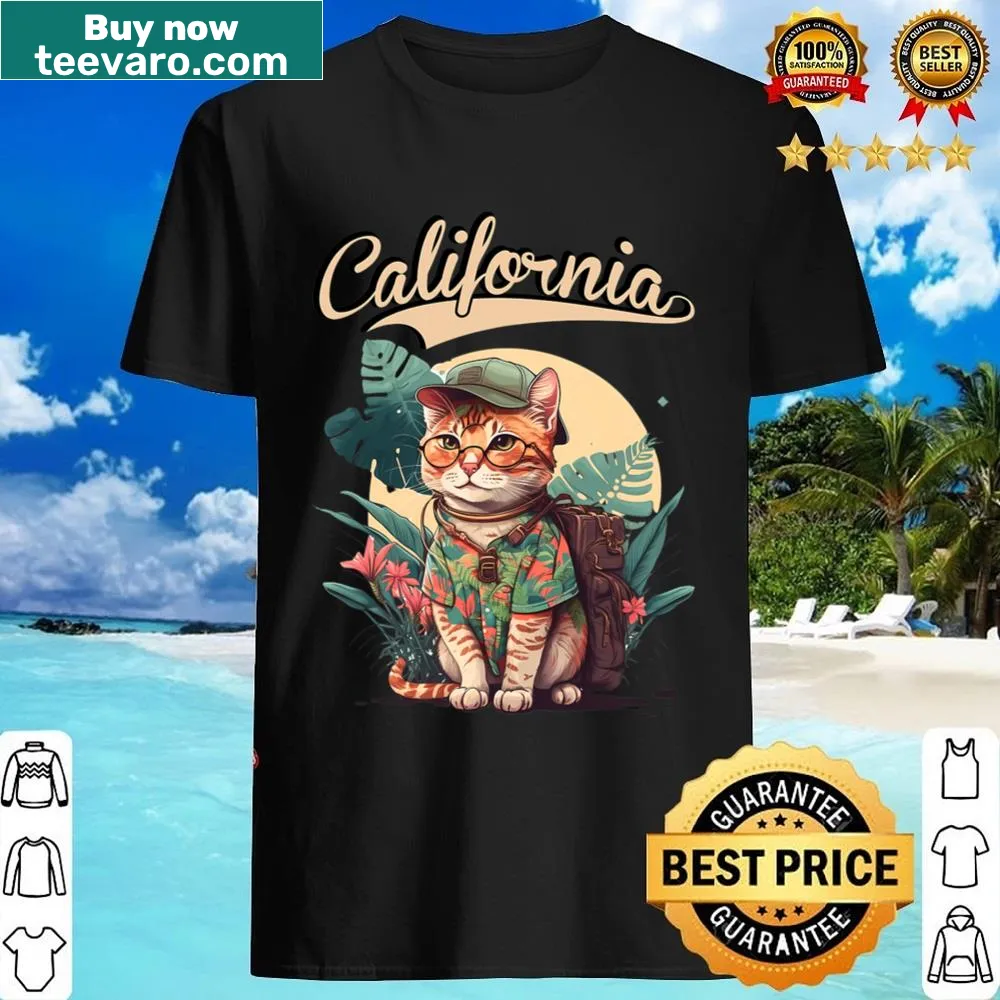 Cartoon cat in beach clothes featured on a fun shirt