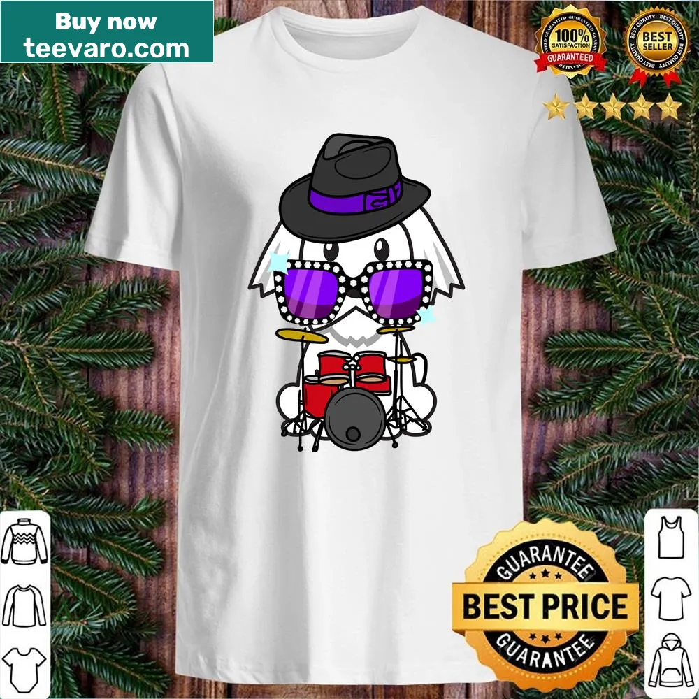 Cartoon shirt featuring a white dog playing drums in a rock and roll setting