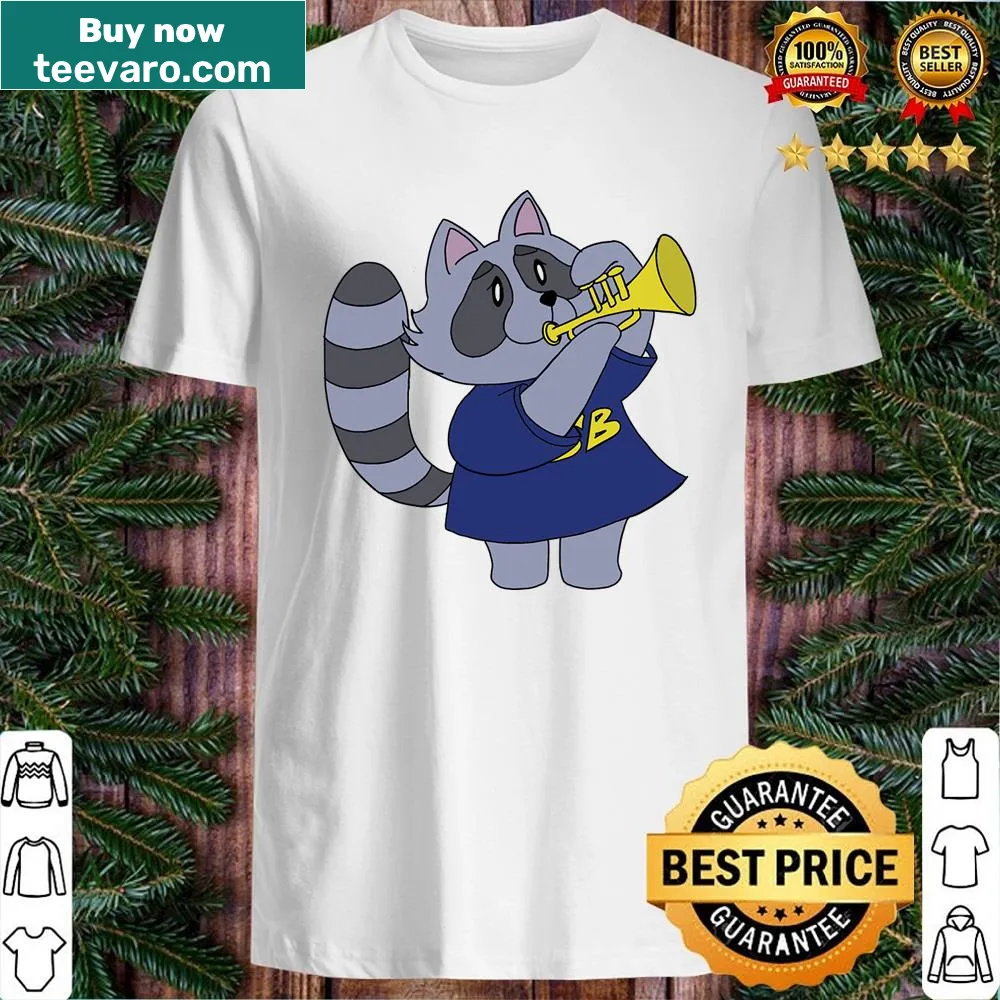 Cartoon shirt featuring a raccoon playing the trumpet