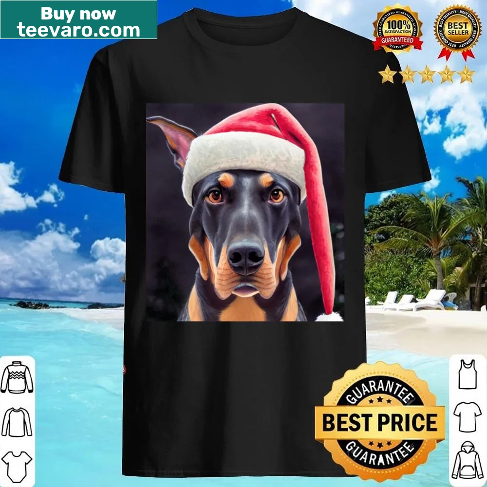 Illustration of a Doberman in a Santa hat for Christmas