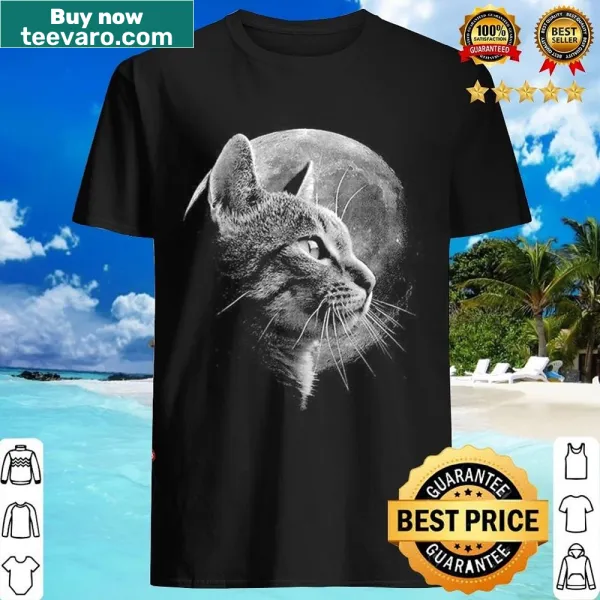 Cute cartoon cat gazing at a whimsical moon graphic