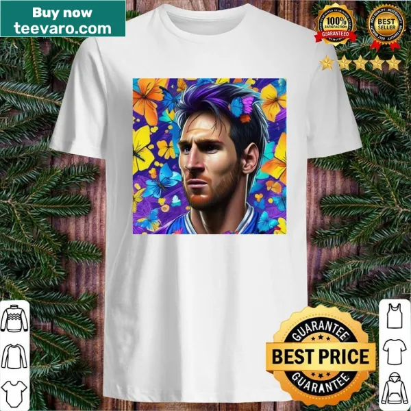 Shirt featuring an artistic image of Messi with butterflies