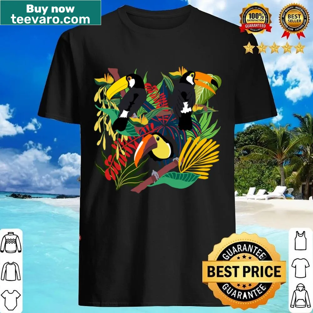 Shirt featuring toucans in a tropical rainforest design