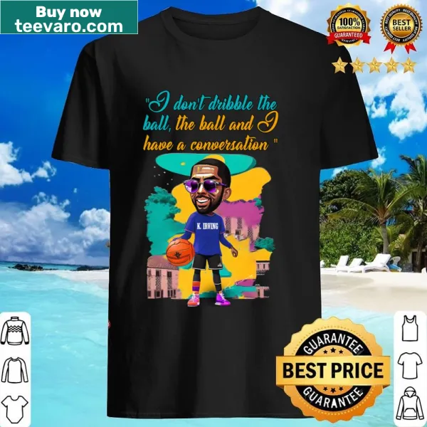 Kyrie Irving cartoon bubblehead graphic on a playful shirt.
